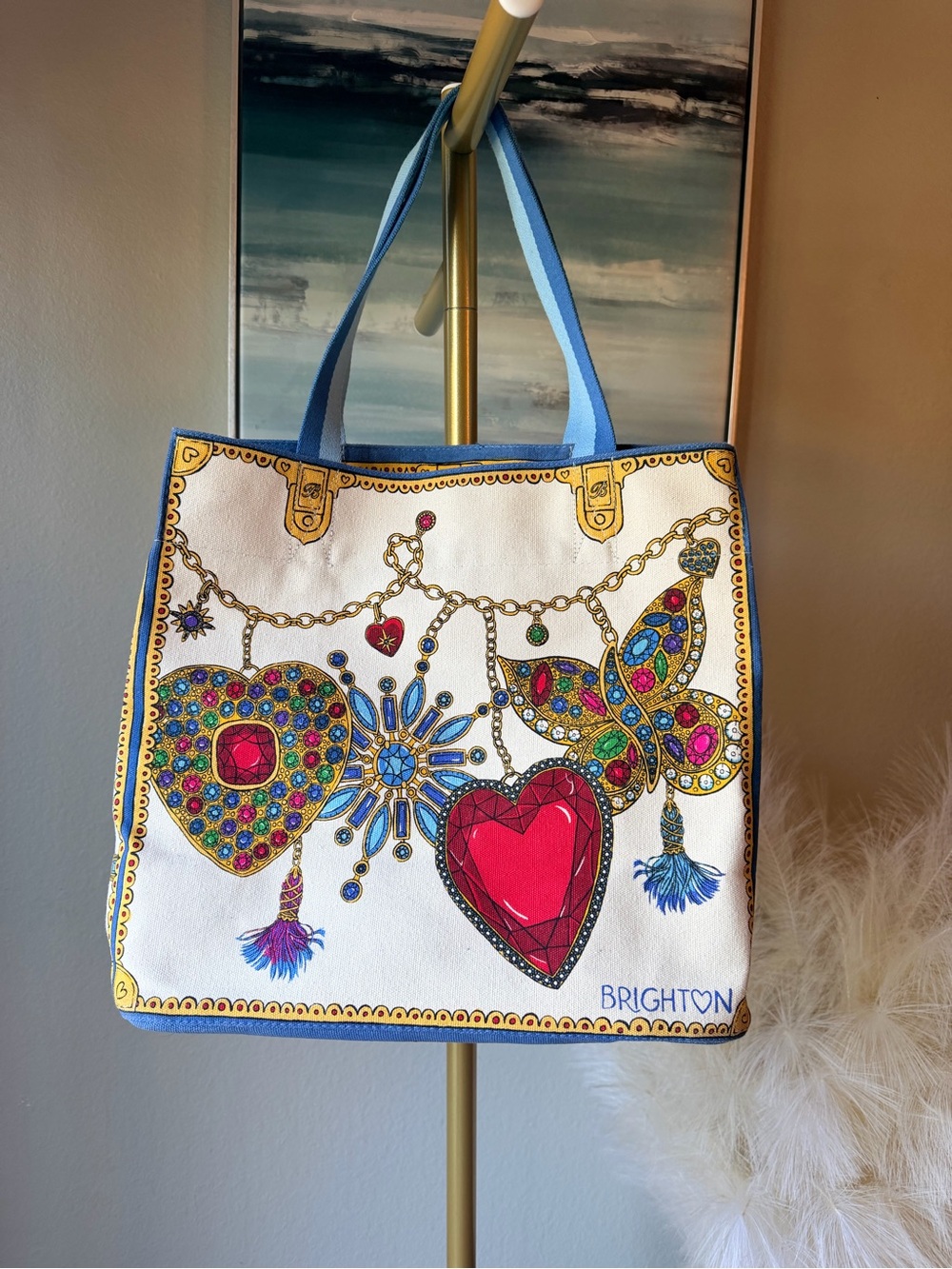 Brighton White Tote with Blue Handles and Multicolor Jeweled Charms